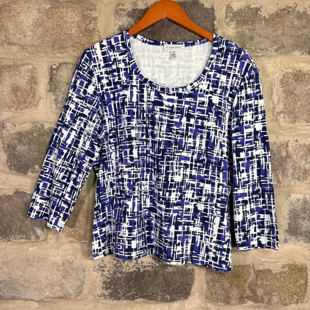 St John Sport Women XL Blue White Abstract Geometric 3/4 Sleeve Scoop Neck Top